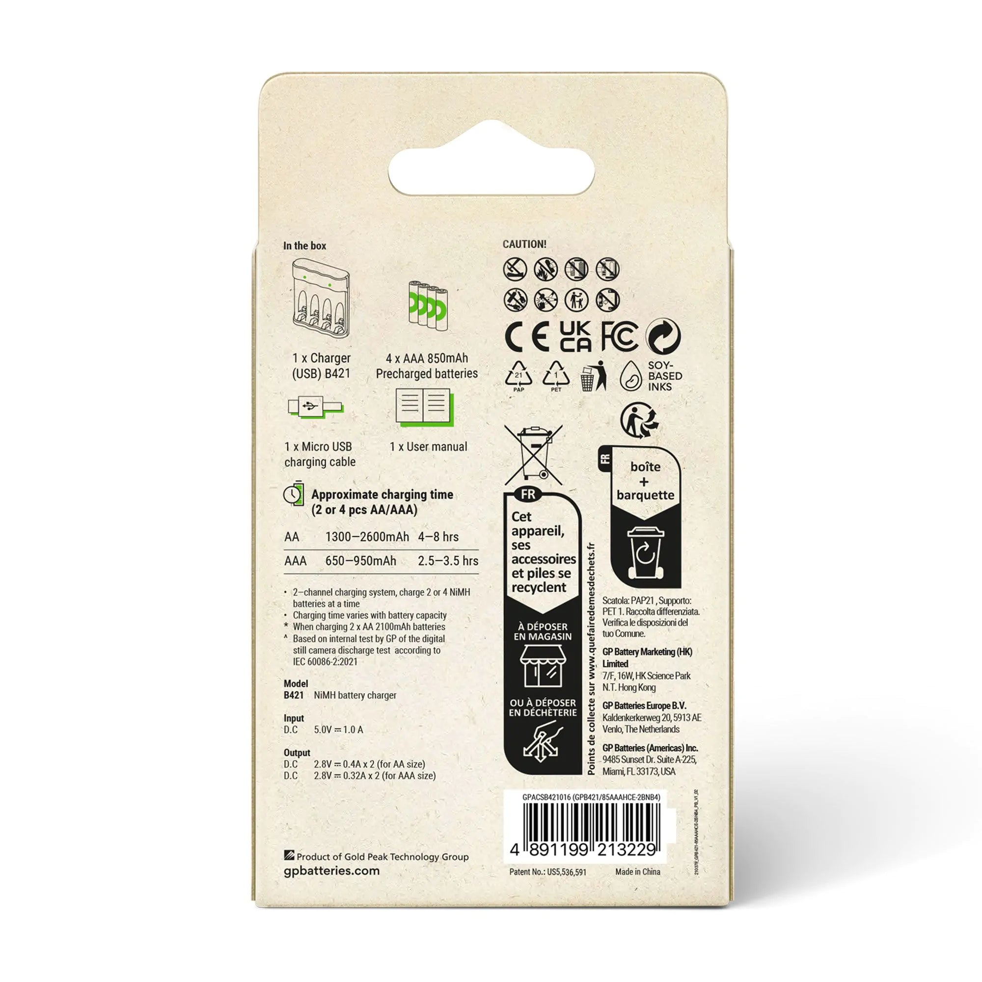 GP Recyko B441 USB Charger with 4 AAA Rechargeable Batteries 850 mAh