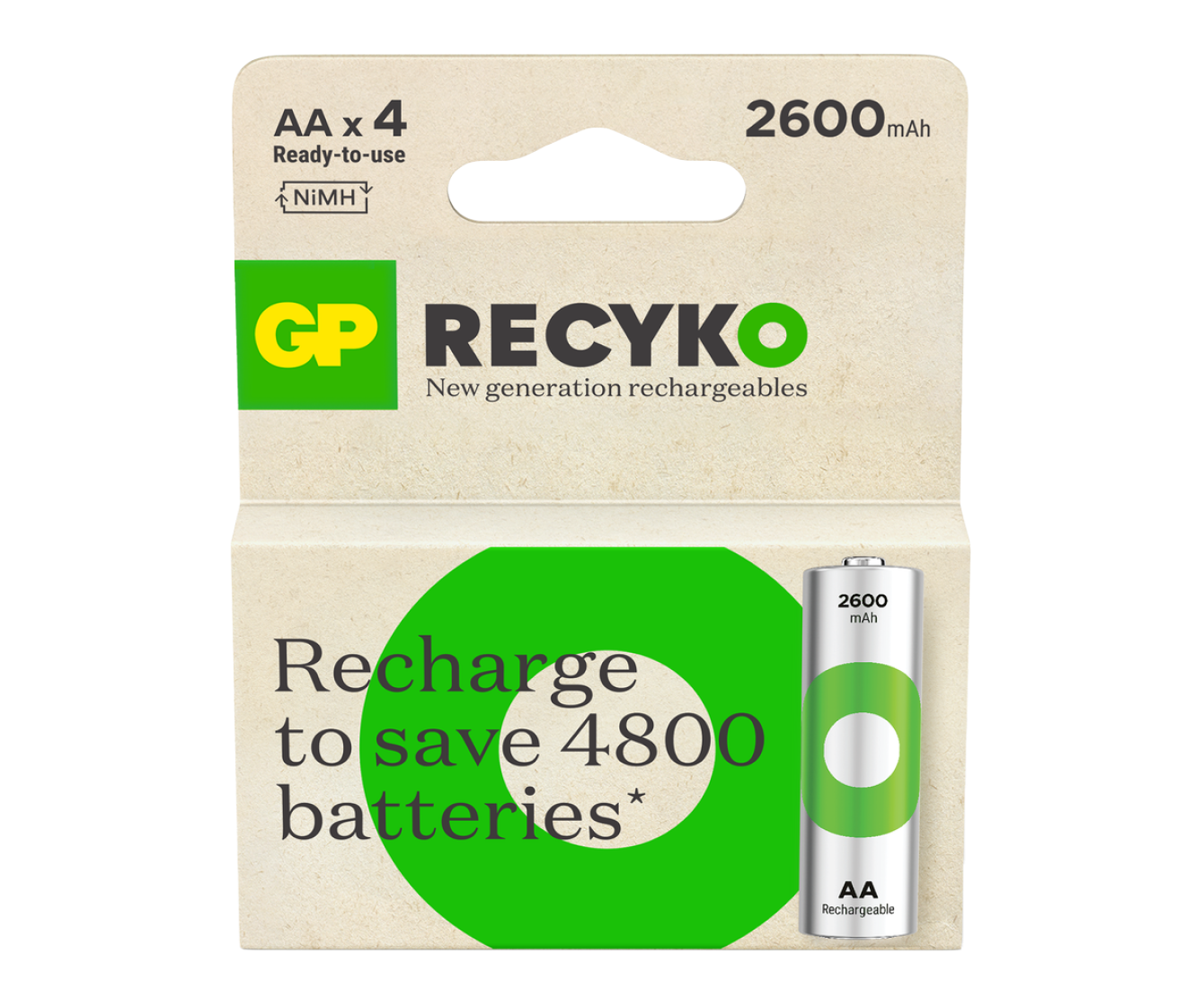 GP Recyko AA Rechargeable Batteries 2600 mAh Card of 4